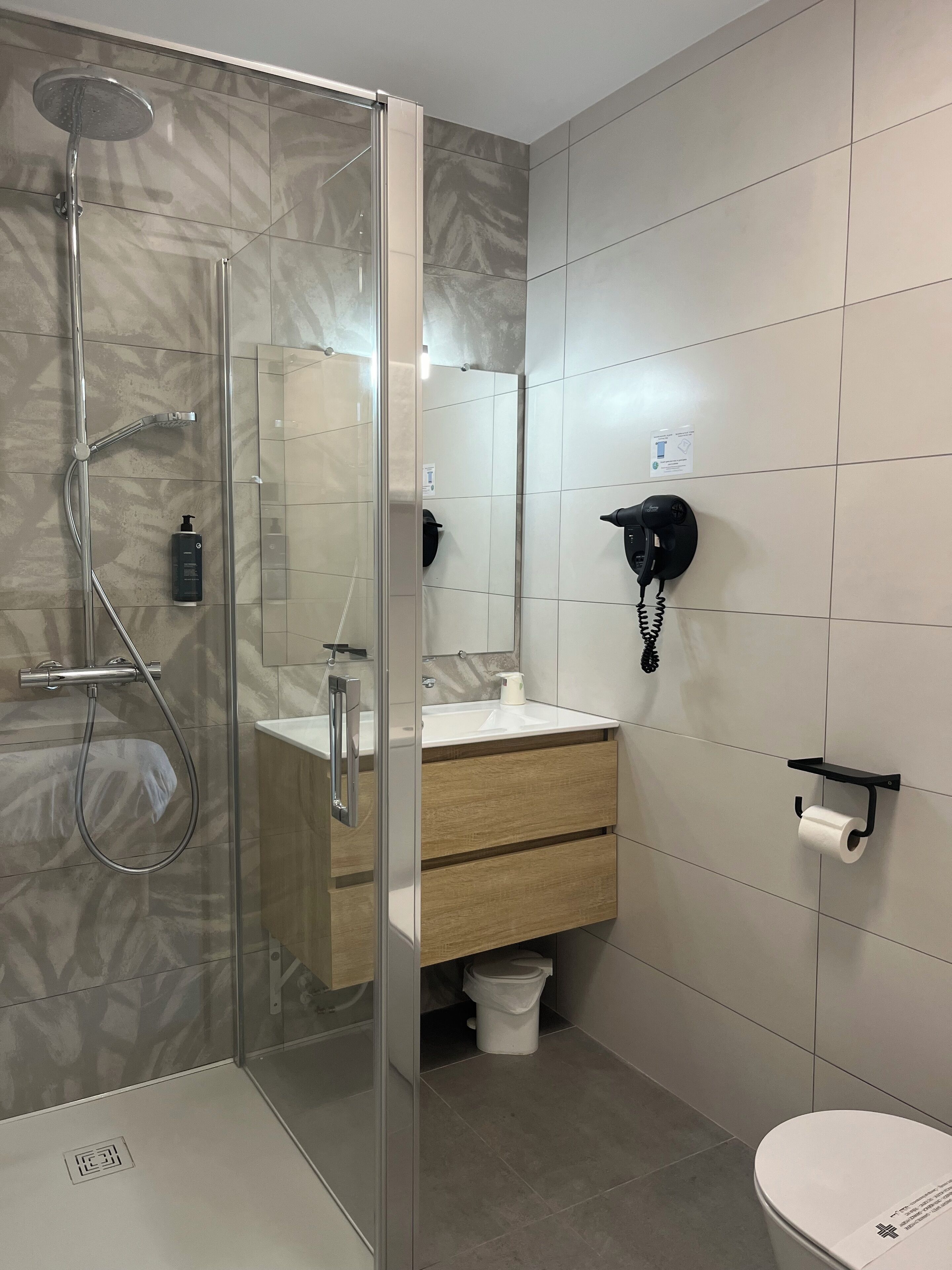 shower, free toiletries, hair dryer, towels