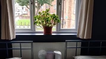 A room with two single beds, a small table with a plant, a fan, and a kettle.