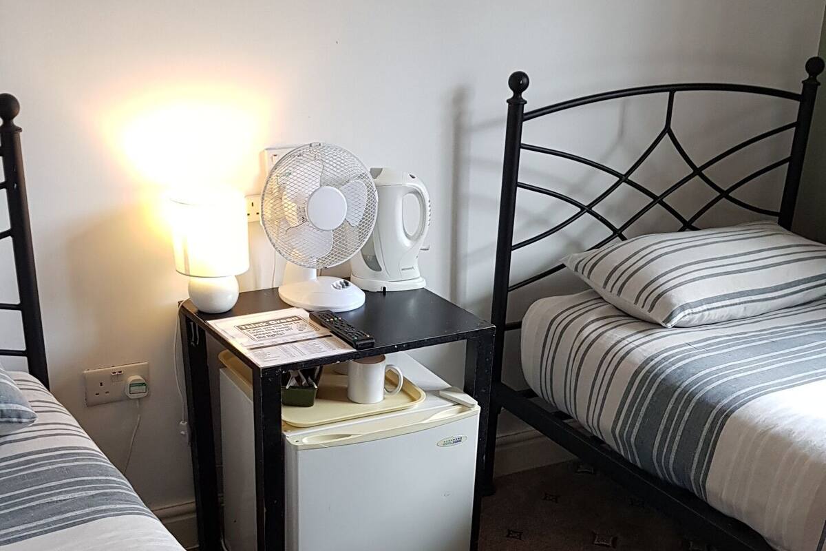 A bedroom with two beds, a small table with a kettle and a fan, a nightstand, and a brown carpet.