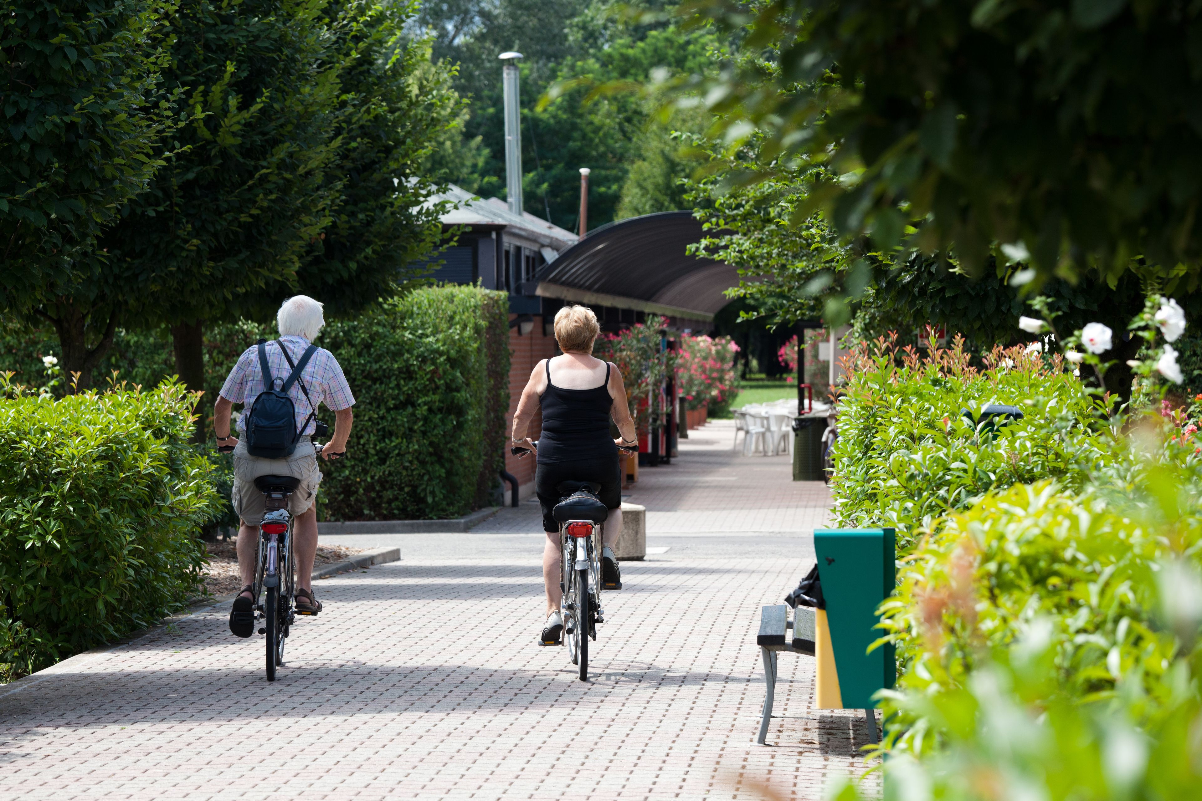 Due persone in bicicletta su un sentiero asfaltato, circondate dal verde.