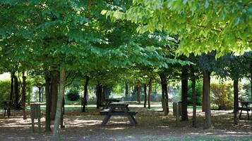 Un parque con mesas de picnic y bancos bajo árboles.