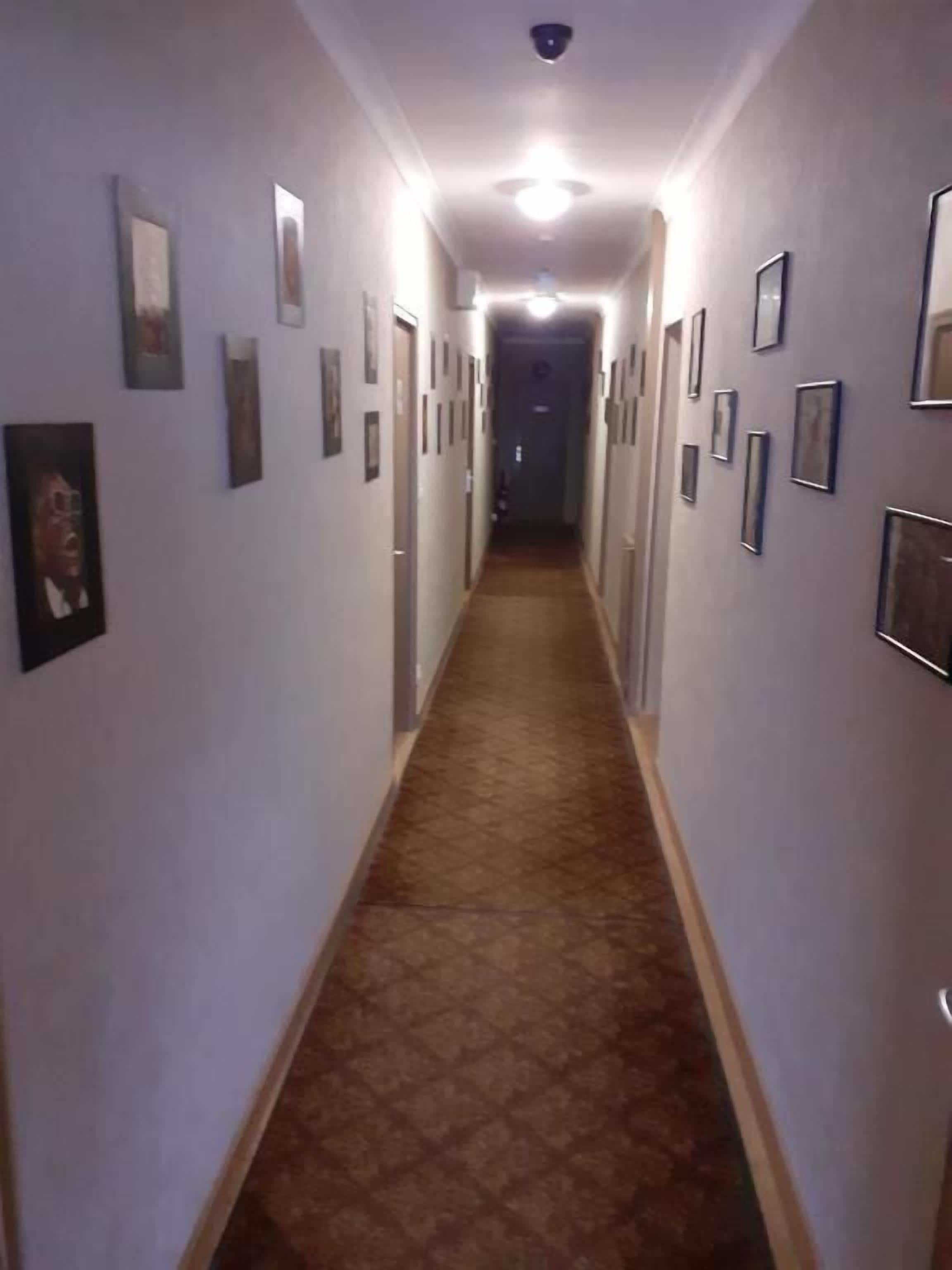 A narrow hallway with patterned carpet, framed pictures on the walls, and a ceiling light.
