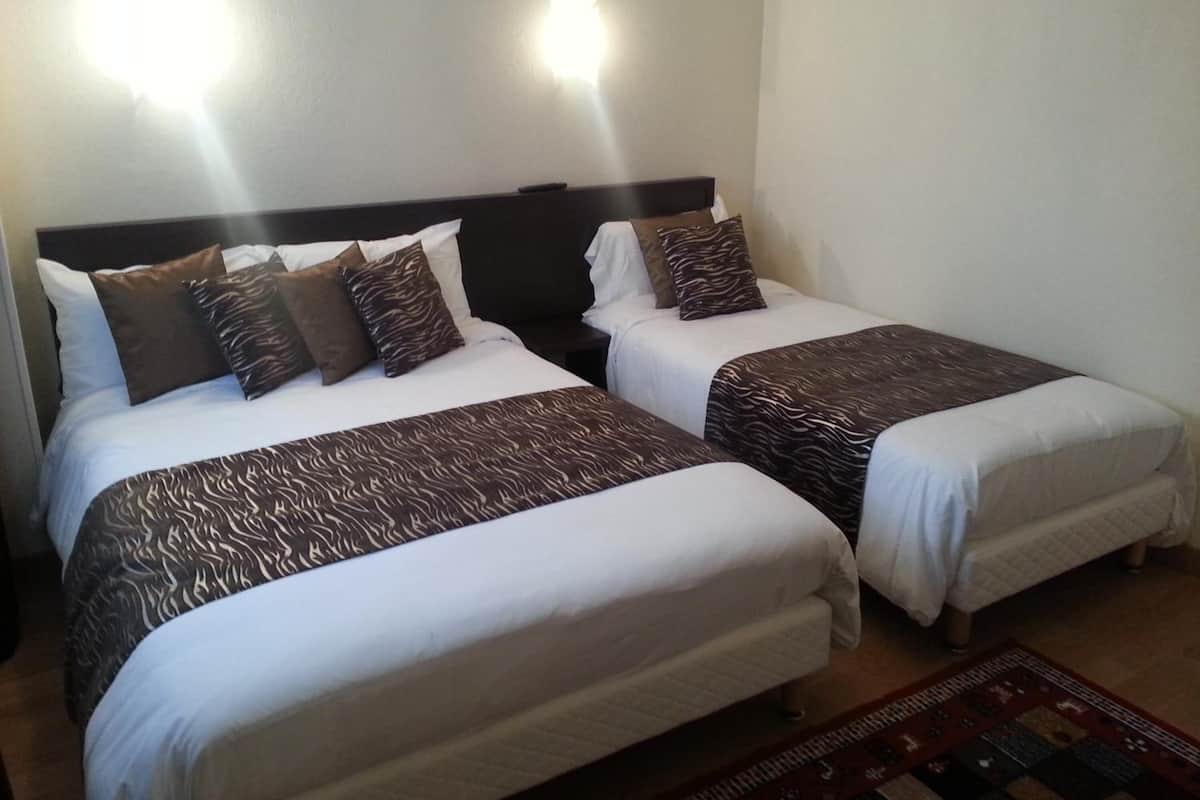 Two single beds with patterned bedspreads, a dark headboard, and a small rug on the floor.