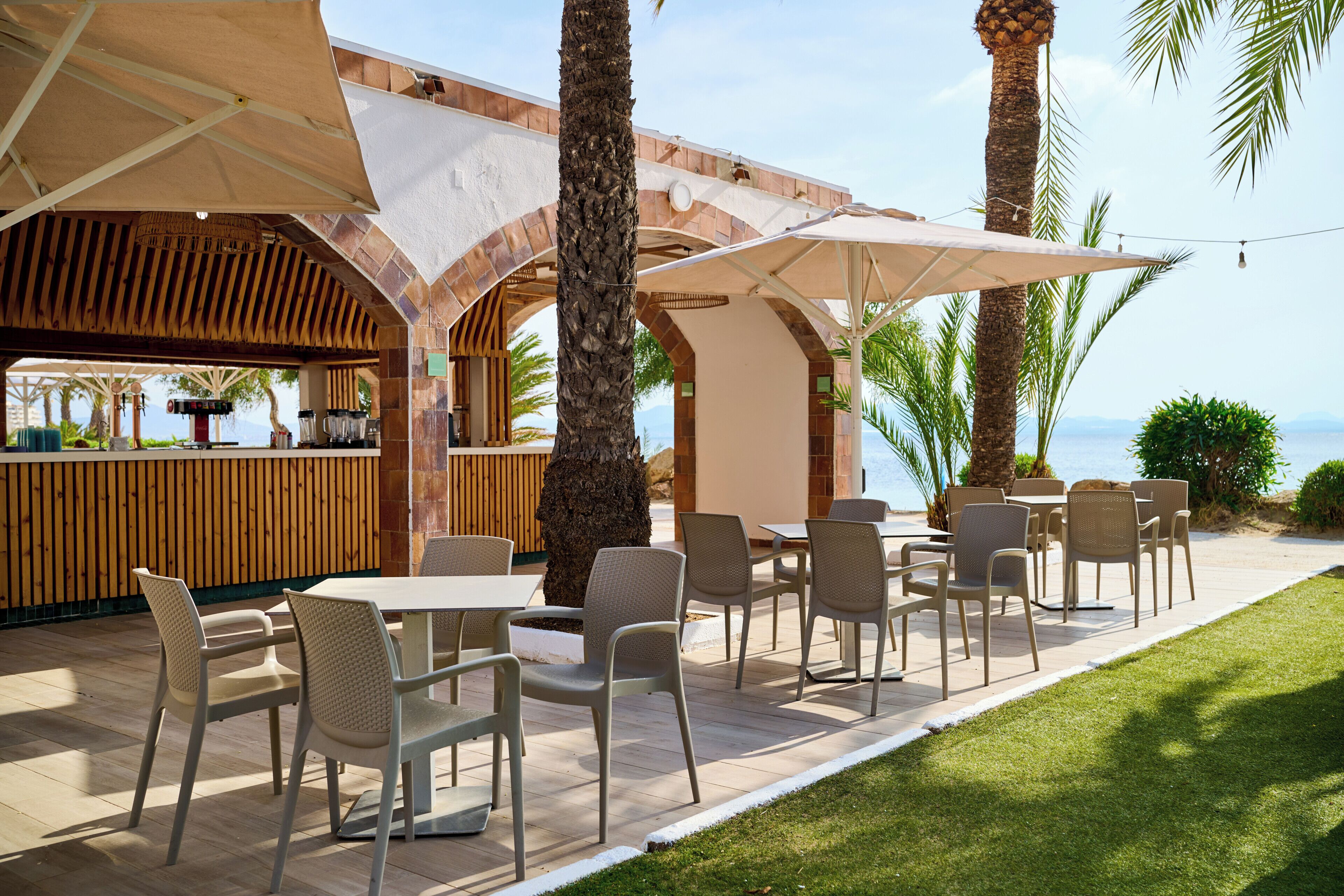 An outdoor seating area with tables and chairs, a bar, and palm trees.
