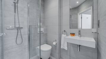 Shower, designer toiletries, hair dryer, towels