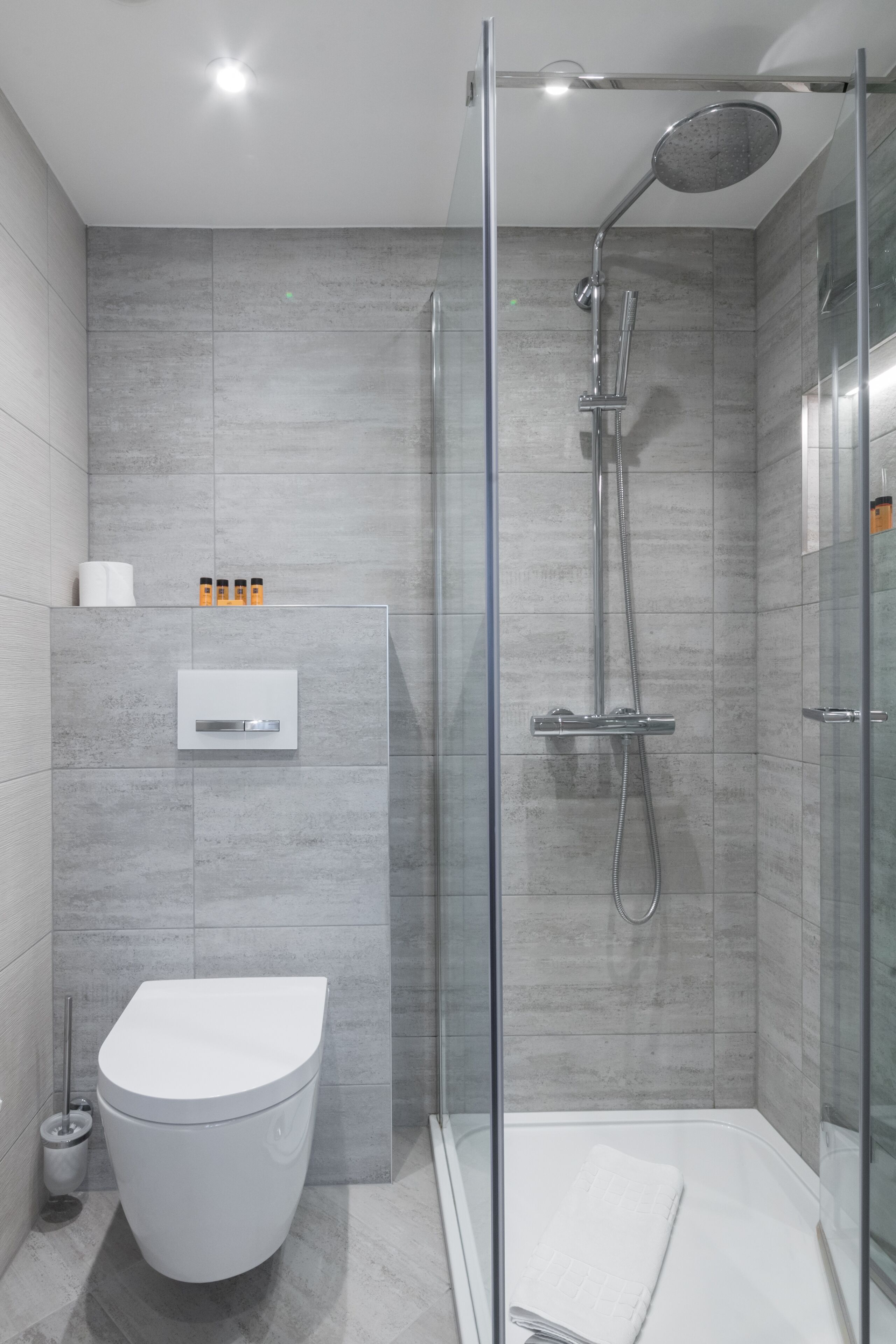A modern bathroom with a glass-enclosed shower, a white toilet, and a towel rack.