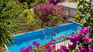 Una piscina al aire libre, sombrillas, sillones reclinables de piscina