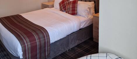 A hotel room with a large bed, a nightstand, a wall-mounted lamp, and a painting of a mountain scene.
