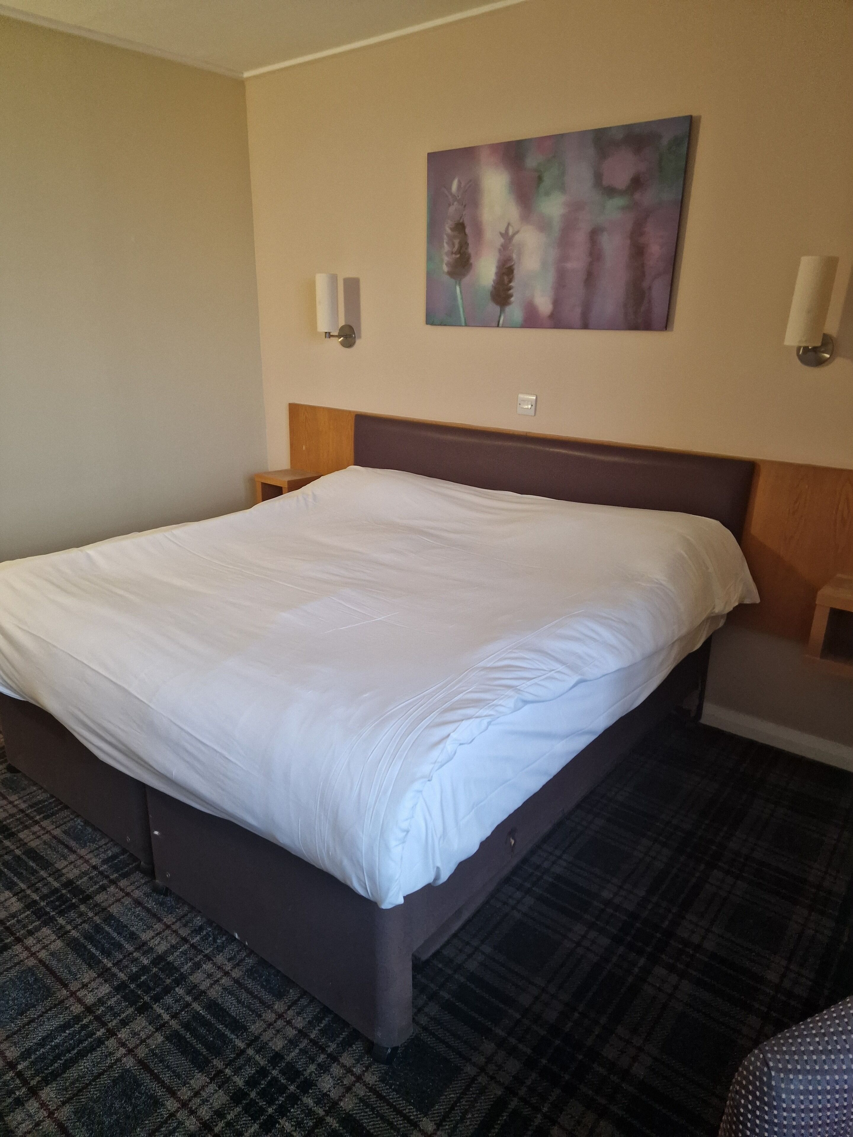 A hotel room with a large bed, a headboard, a wall-mounted painting, and a small table with a lamp.
