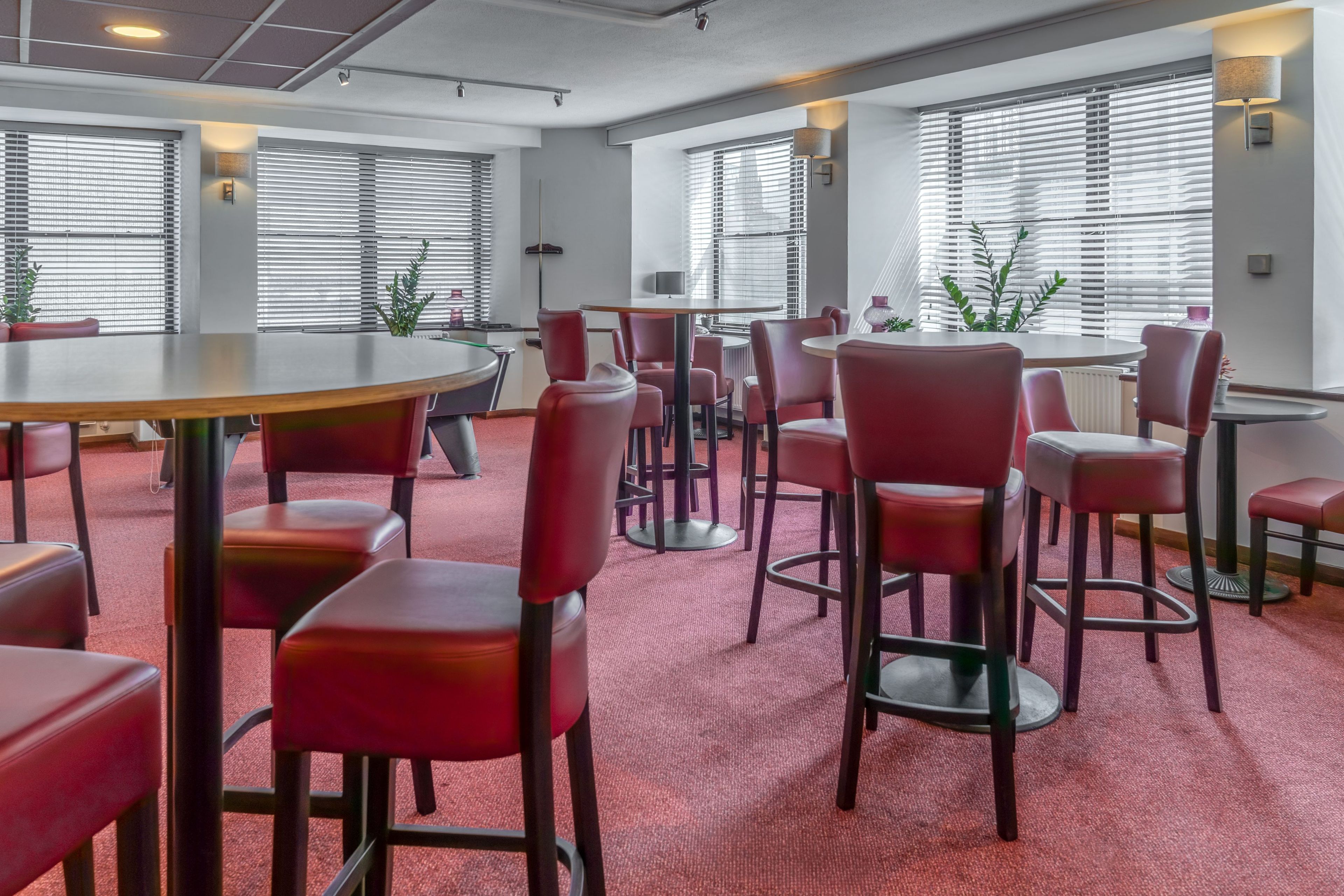 Ein Konferenzraum mit runden Tischen und roten Stühlen, großen Fenstern mit Jalousien sowie einem Teppichboden.