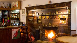 A bar area with a fireplace, wooden shelves with bottles, and a red carpeted floor. - George Borrow Hotel (Aberystwyth)