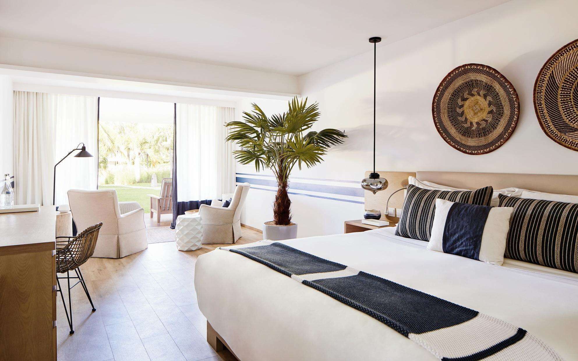 A hotel room with a large bed, a desk, a chair, a potted plant, and a view of the outdoors.