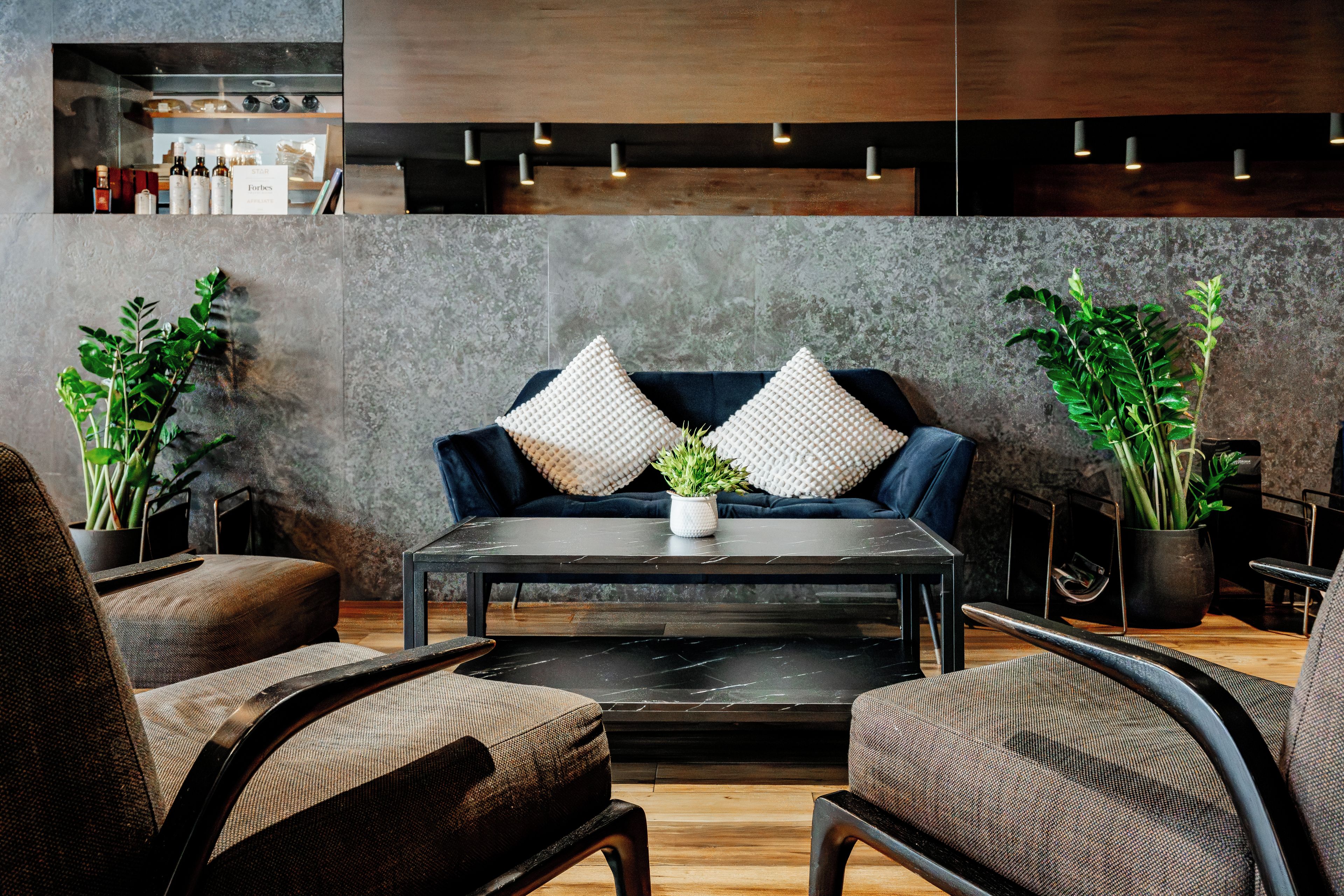 A modern living room with a dark sofa, two armchairs, a coffee table, and decorative pillows. There are potted plants on either side of the sofa.