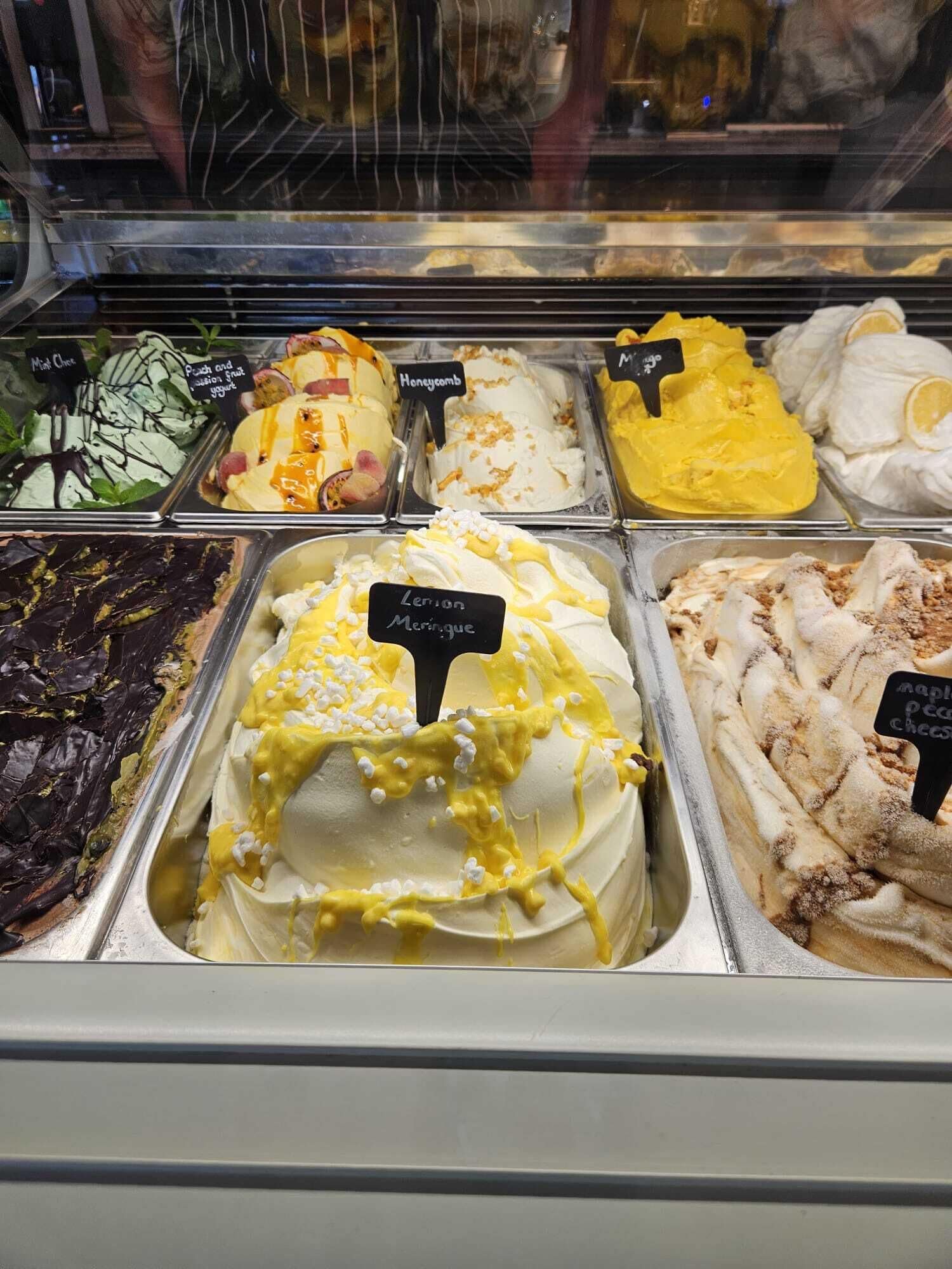Une variété de parfums de crème glacée présentés dans une vitrine réfrigérée.