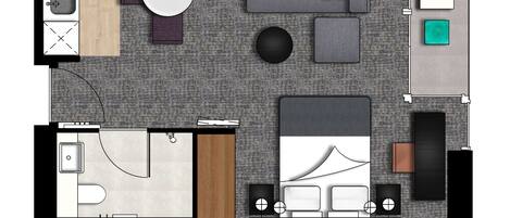 A studio apartment layout with a kitchenette, a dining area, a living room, and a bathroom.