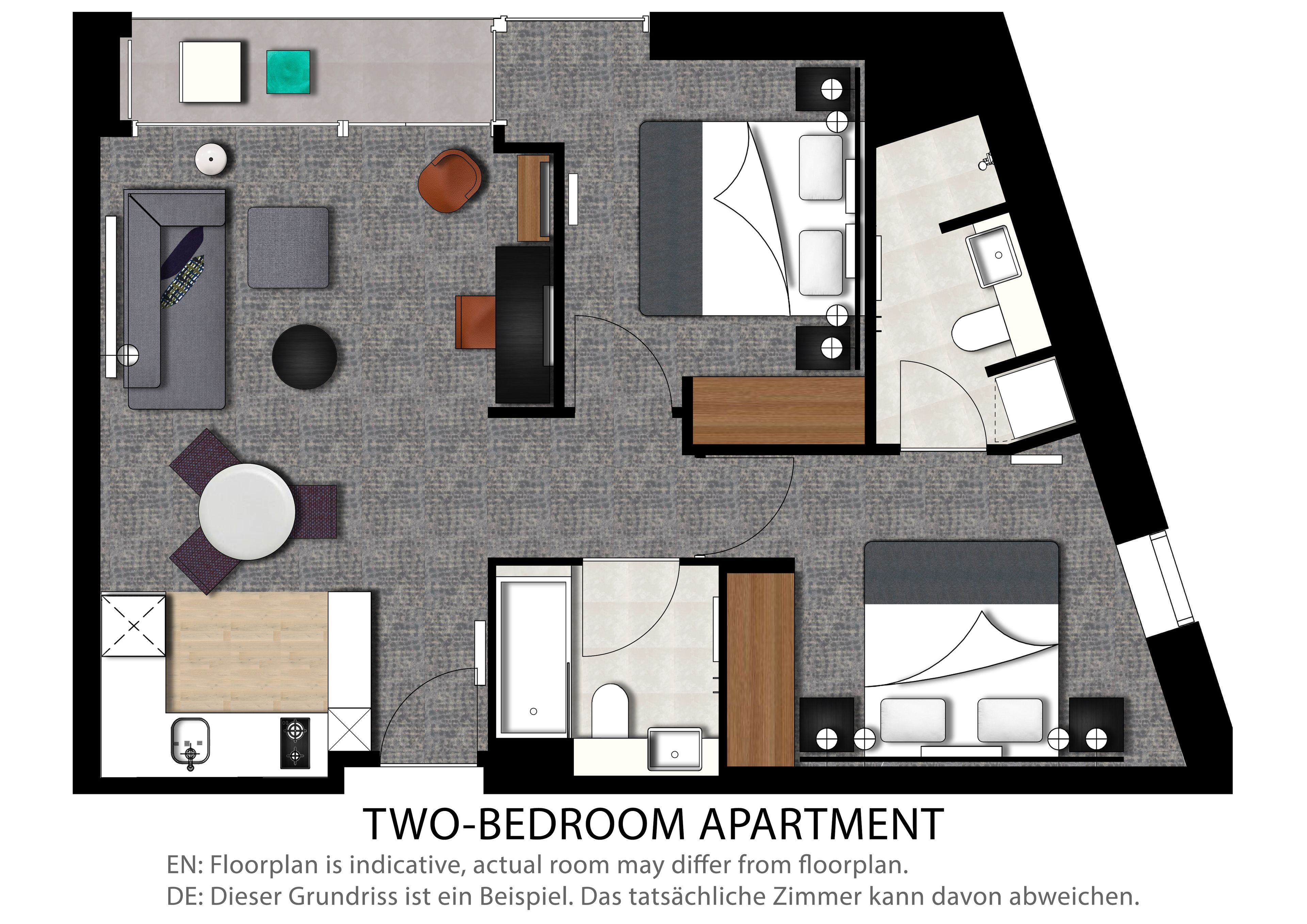 Plattegrond van een appartement met twee slaapkamers, een woonkamer, twee slaapkamers, een badkamer en een keuken.