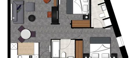 Plan d’un appartement de deux chambres comprenant un salon, deux chambres, une salle de bain et une cuisine.