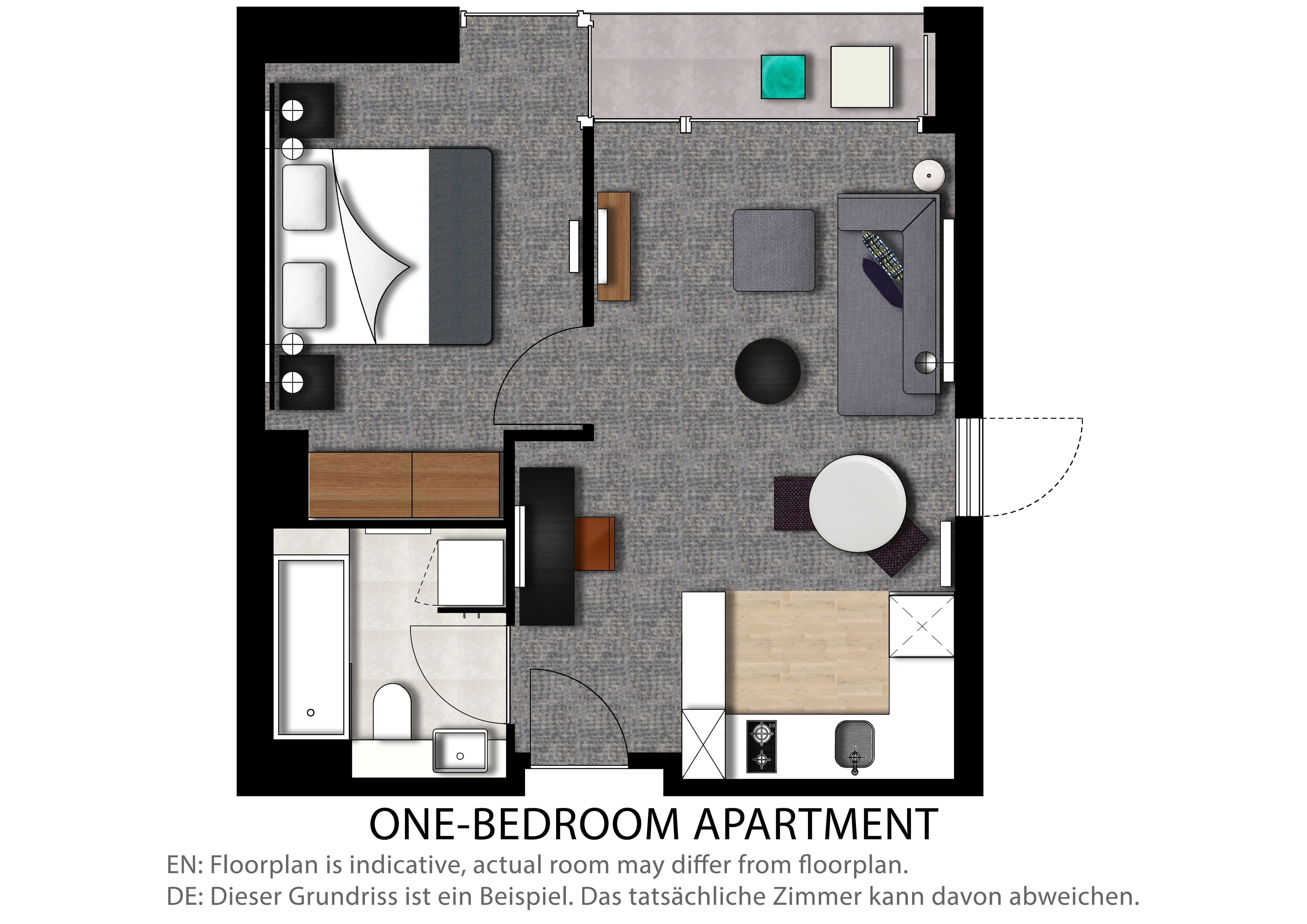 A one-bedroom apartment layout with a living room, dining area, kitchen, and a small bathroom.