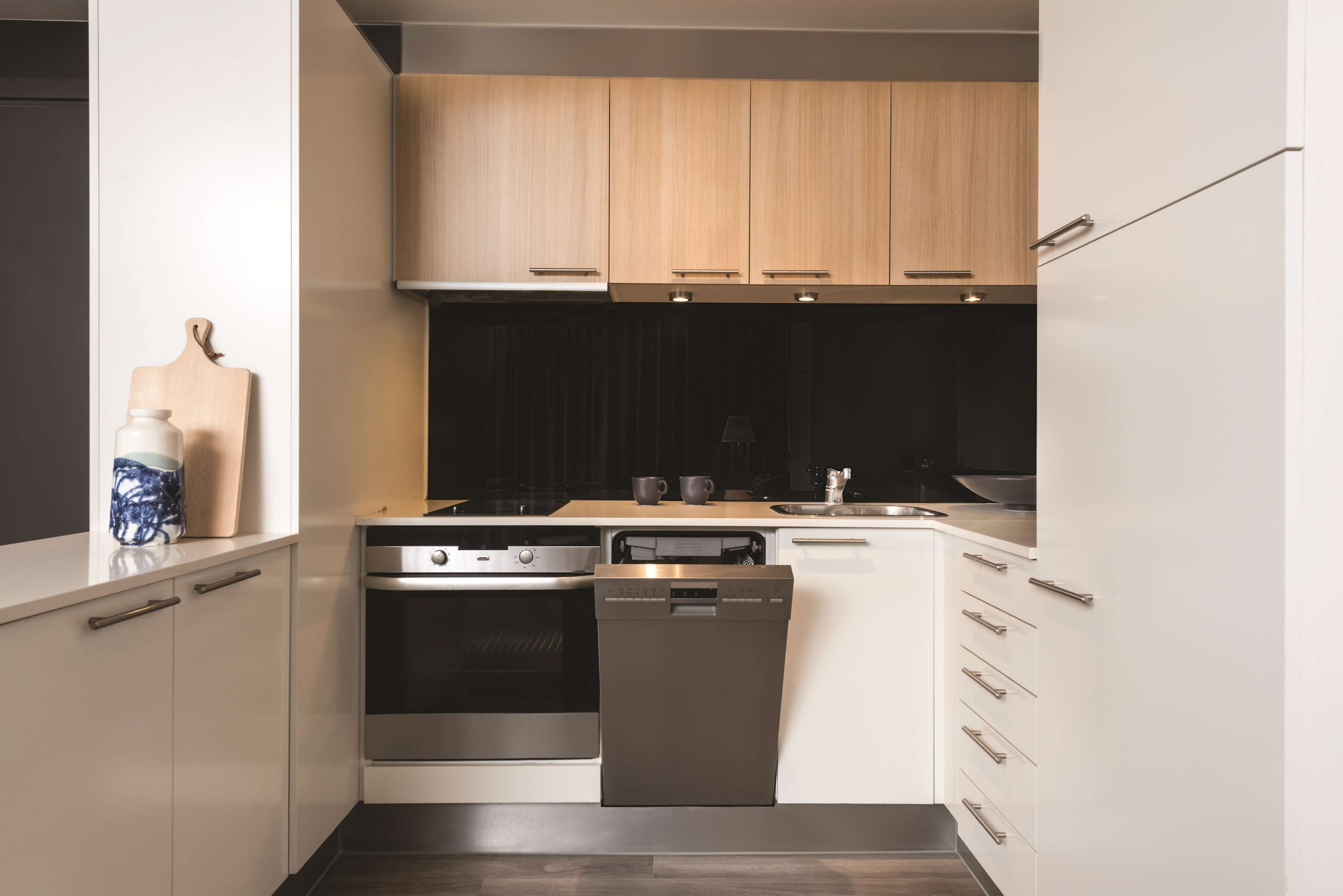 A modern kitchen with white cabinets, a stainless steel oven, and a dishwasher.