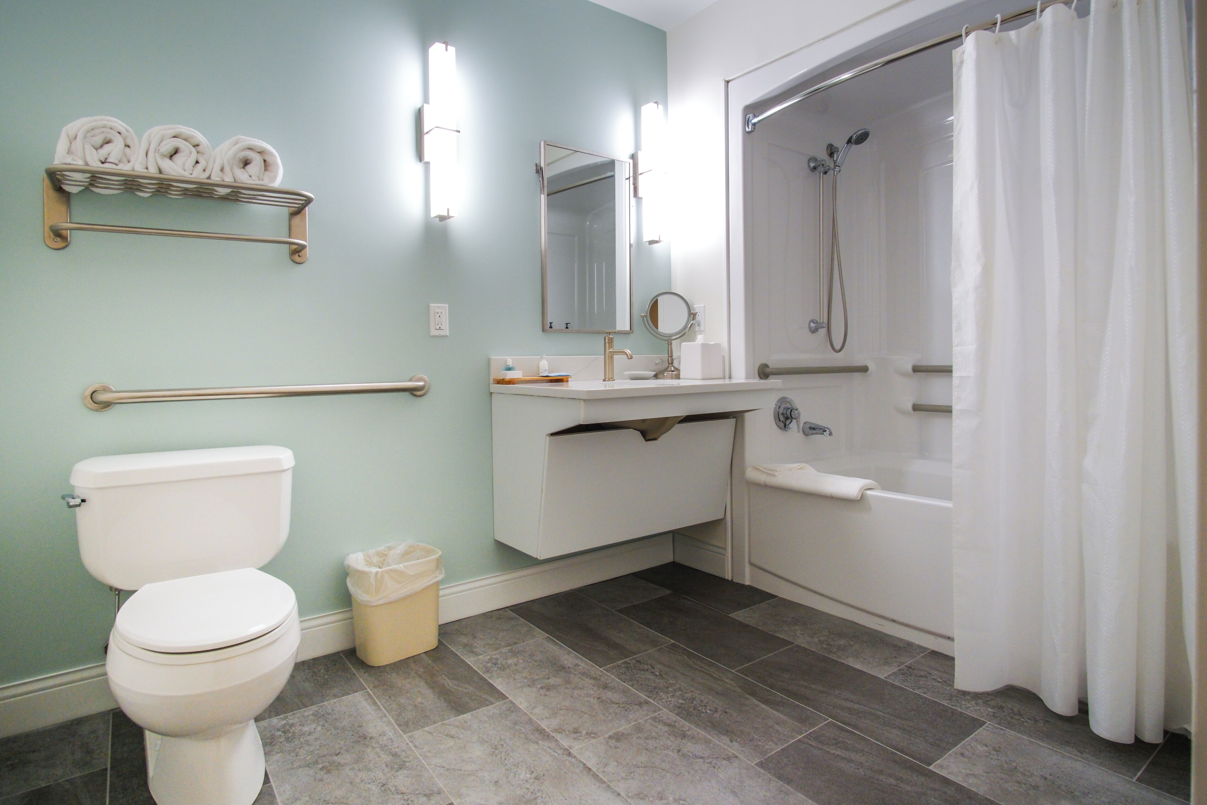 standard room, 1 queen bed, mobility accessible | bathroom | combined shower/bathtub, free toiletries, hair dryer, towels