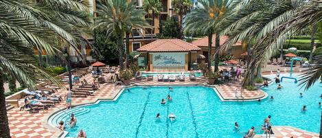 2 outdoor pools, a heated pool, open 7:00 AM to 11:00 PM, pool umbrellas