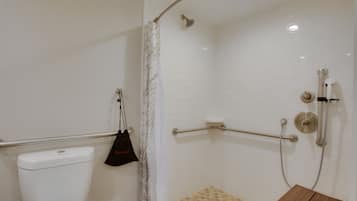 Un baño con ducha, inodoro y barra de apoyo.