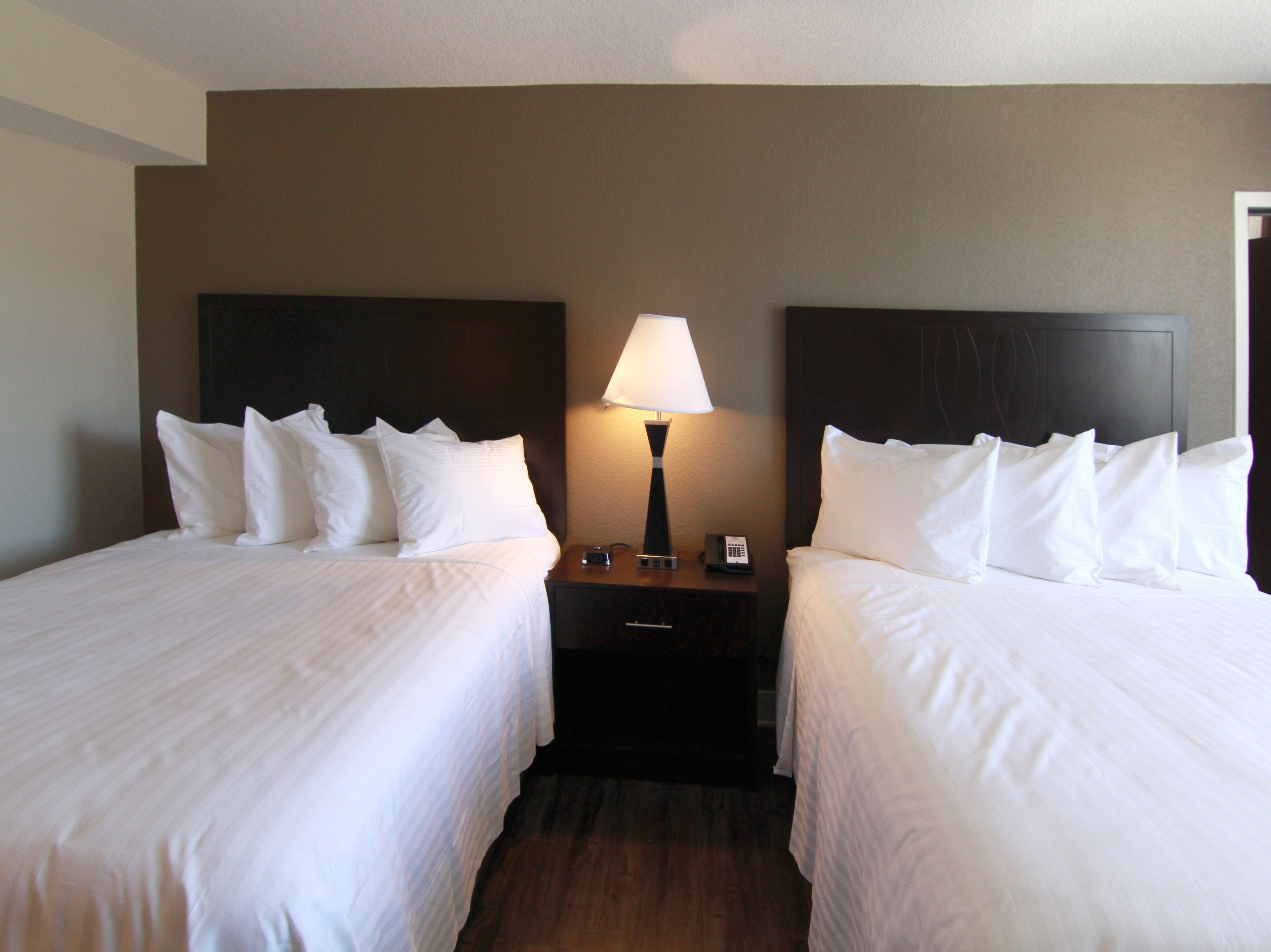 A hotel room with two beds, a nightstand with a lamp, and a telephone.