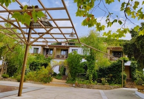 A courtyard with a pergola, a white building with balconies, and lush greenery.