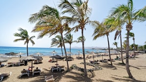 Een strand met palmbomen, ligbedden en parasols.