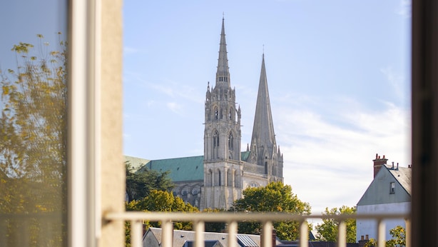 Vista de una catedral con dos altas torres puntiagudas, rodeada de árboles y edificios.