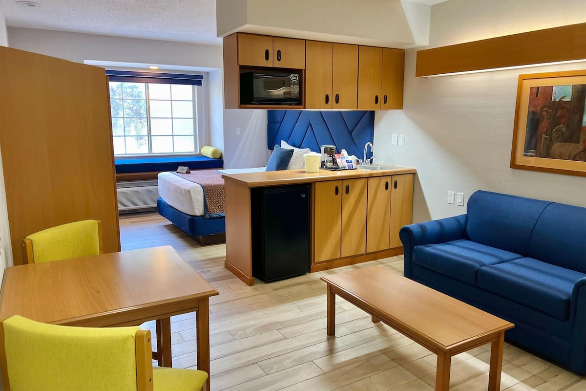 A compact living space with a kitchenette, a sofa, a dining table, and a window.