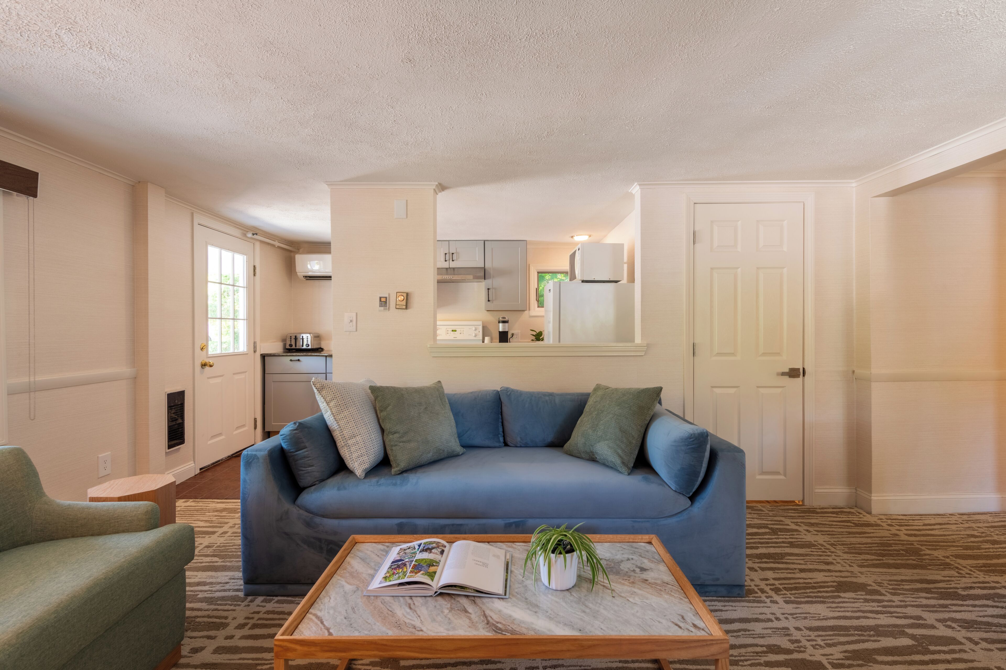 A living room with a blue sofa, a coffee table with a book and a plant, a kitchen in the background, and a patterned carpet.