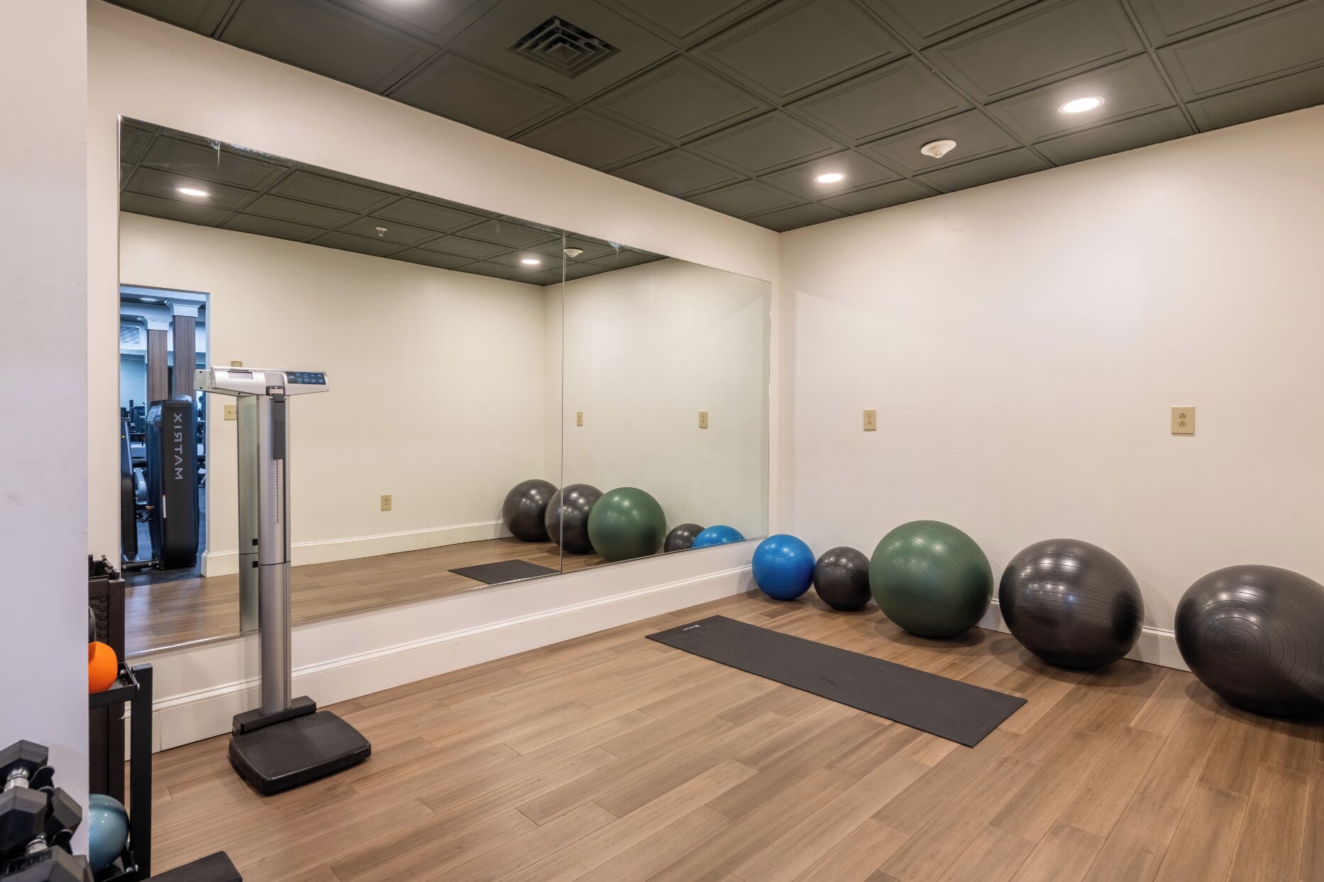 Une salle de sport équipée de matériel d’exercice, d’un miroir et de ballons de gymnastique.