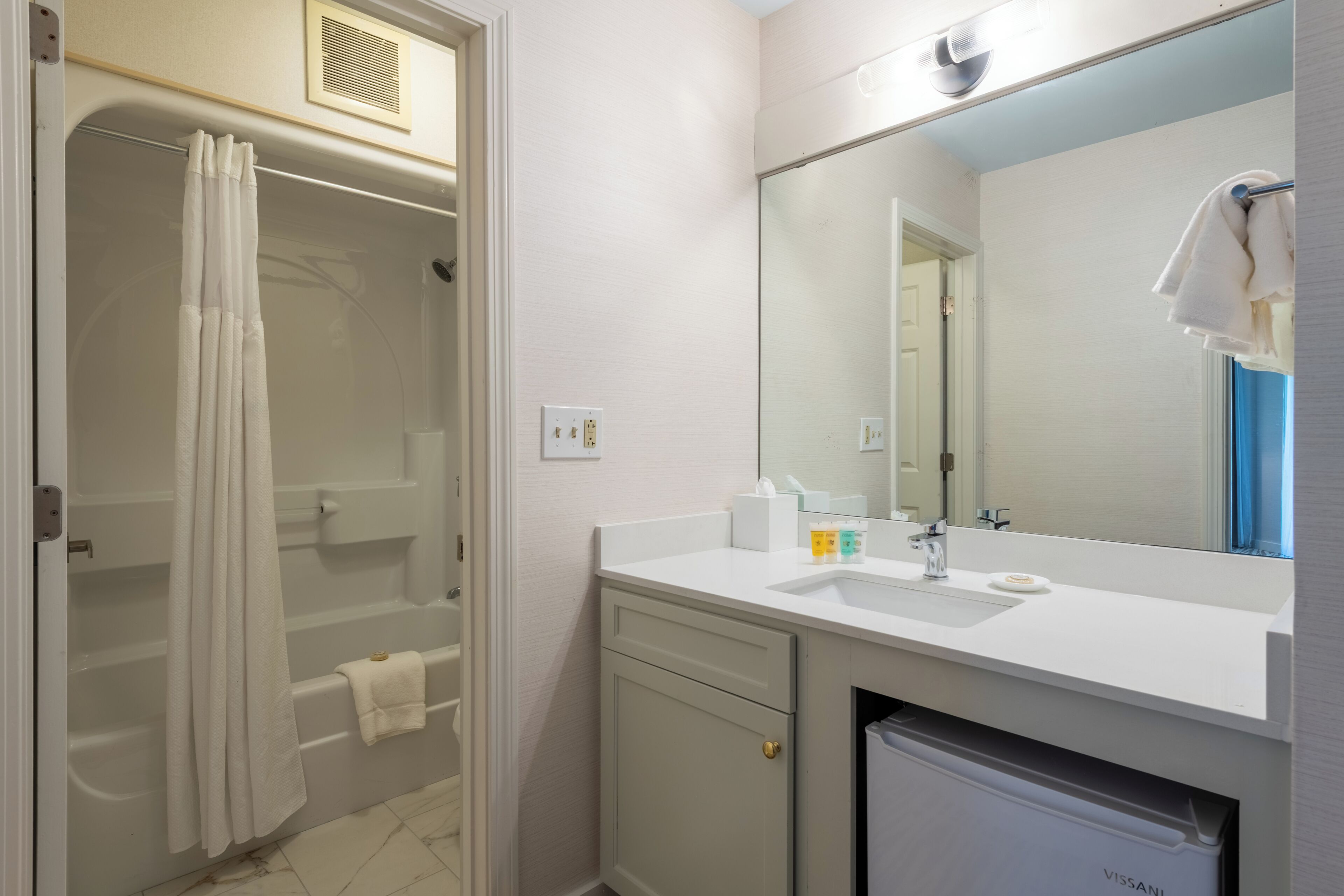 A bathroom with a shower, a sink, a mirror, and a small refrigerator.