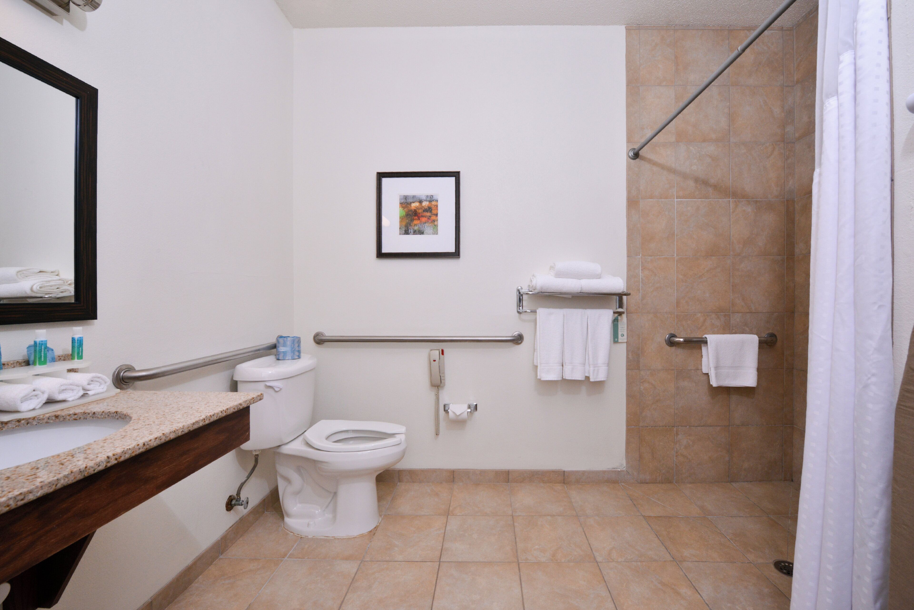 A bathroom with a toilet, sink, shower, and a framed picture on the wall.