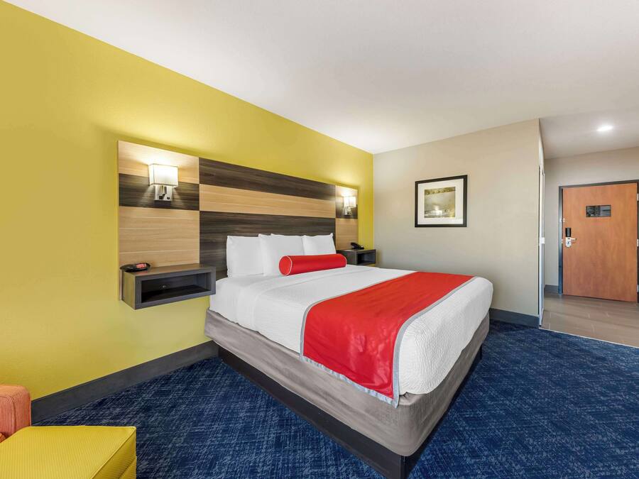 Una habitación de hotel con una cama, una mesita de noche, una lámpara, un cuadro en la pared y una puerta.