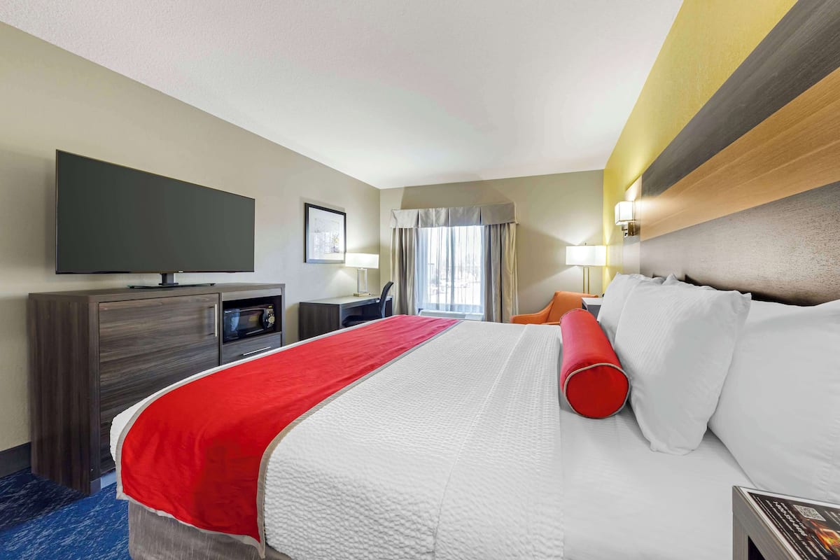 standard room, 1 king bed, non smoking, microwave | in-room safe, desk, laptop workspace, iron/ironing board