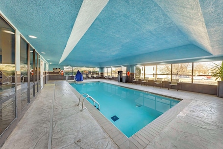 Una piscina techada, sillones reclinables de piscina