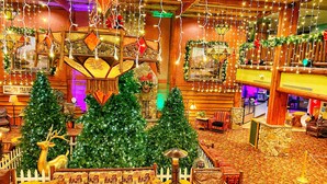 Un hall acogedor con chimenea, árboles de Navidad y una zona de estar con sofá y sillones.