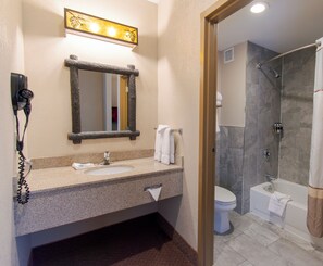 Combined shower/bathtub, free toiletries, hair dryer, towels