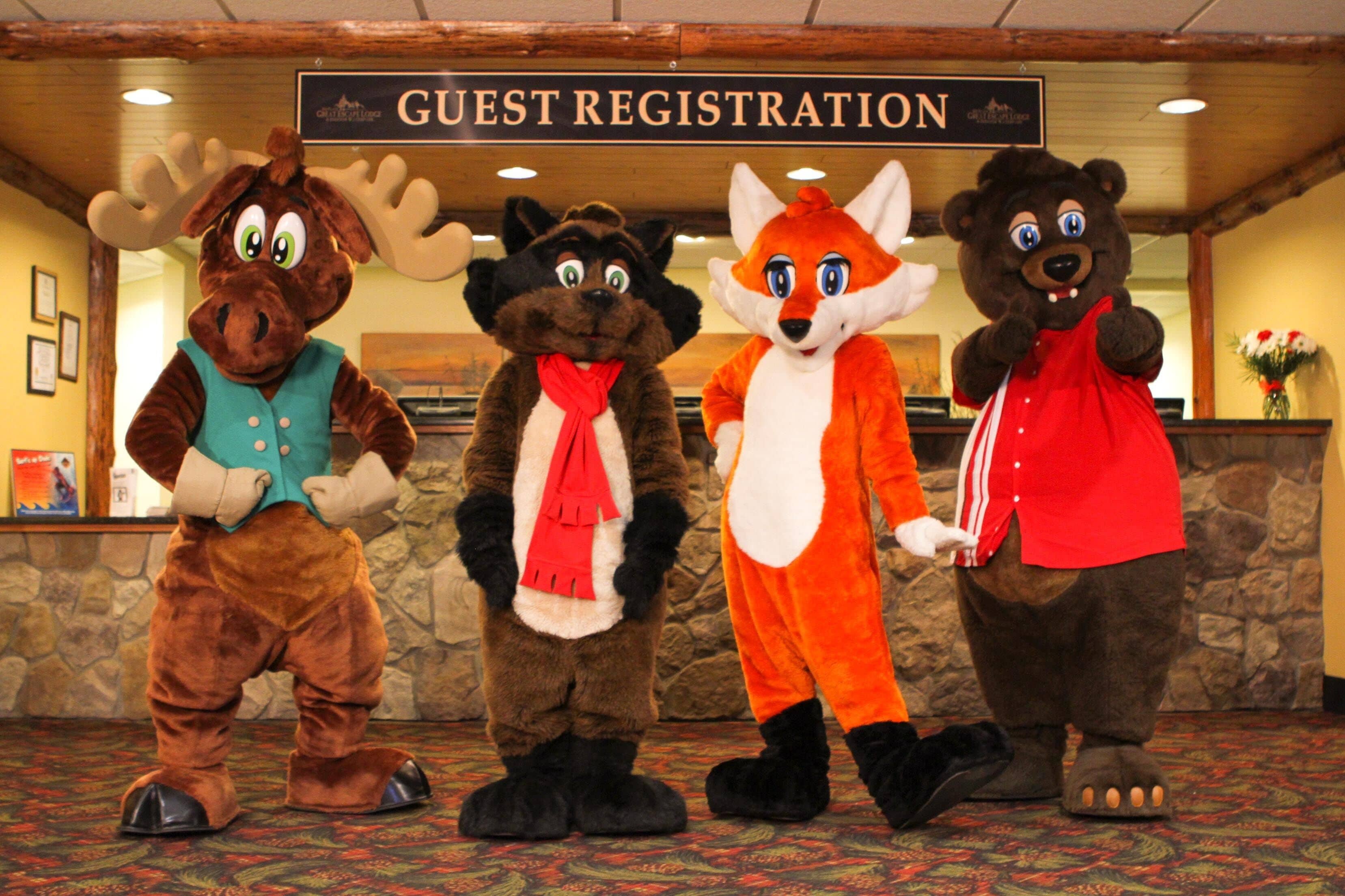 A guest registration area with a sign above.