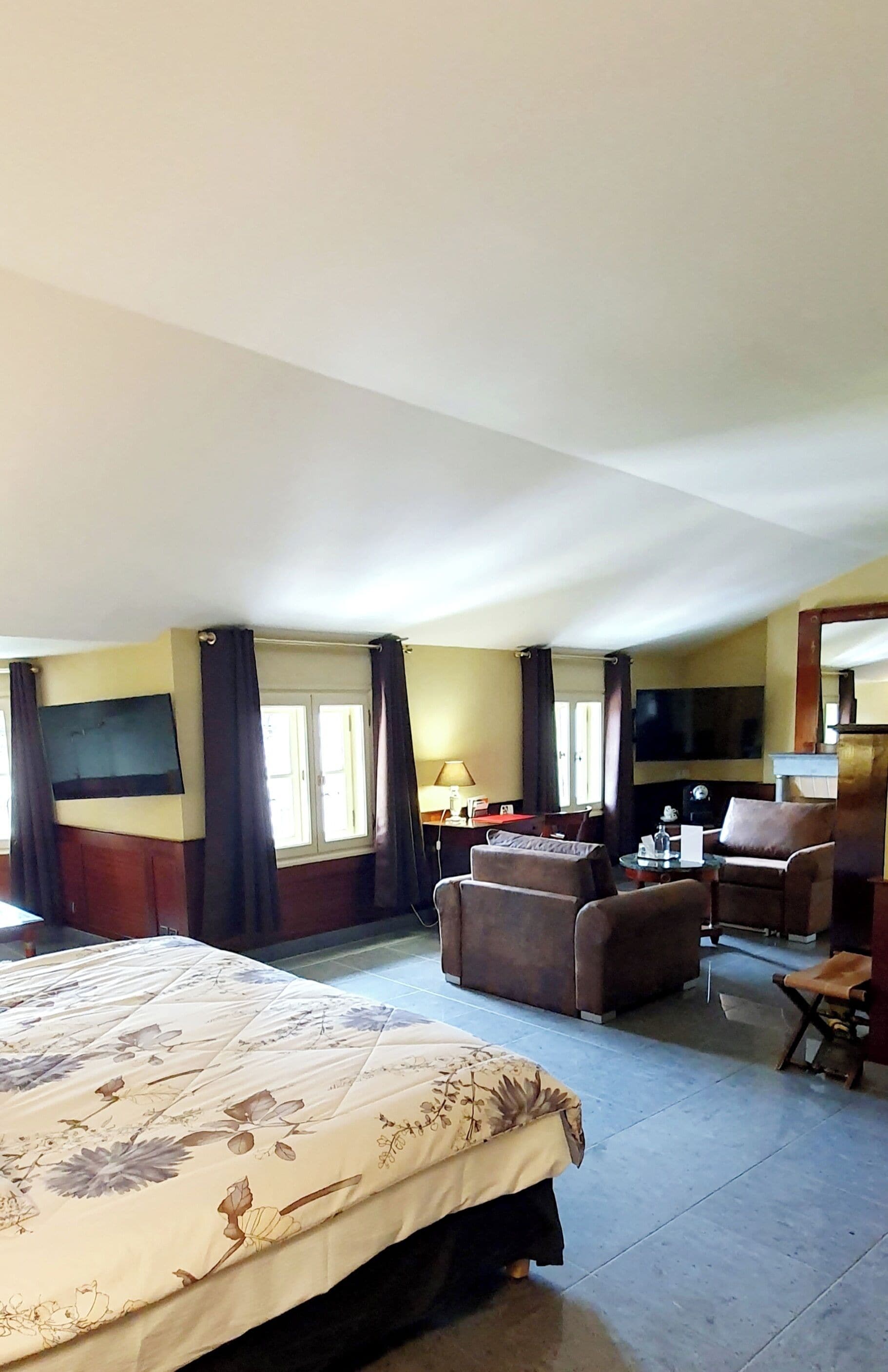 Een hotelkamer met een groot bed, een bank, een bureau en een televisietoestel.