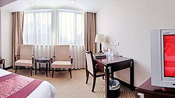 Una habitación de hotel con una cama, un escritorio, un televisor y una zona de estar.