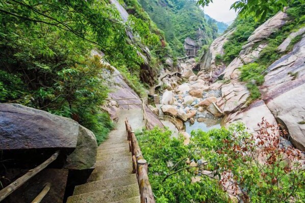 Un étroit sentier de pierres mène à une zone rocheuse où se trouve une étendue d’eau.