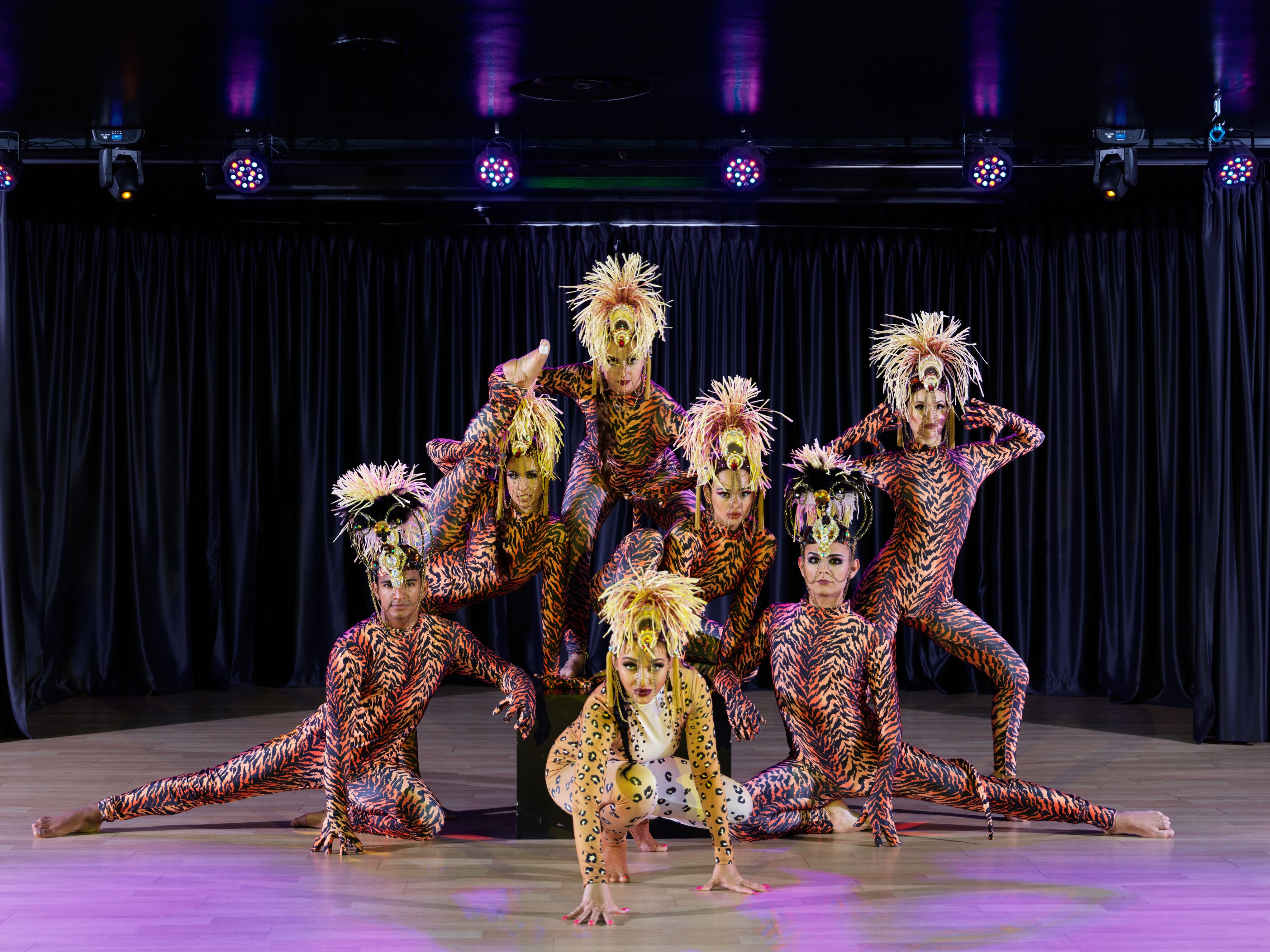 Un grupo de artistas con trajes a rayas de tigre en un escenario con un telón oscuro y luces de escenario.