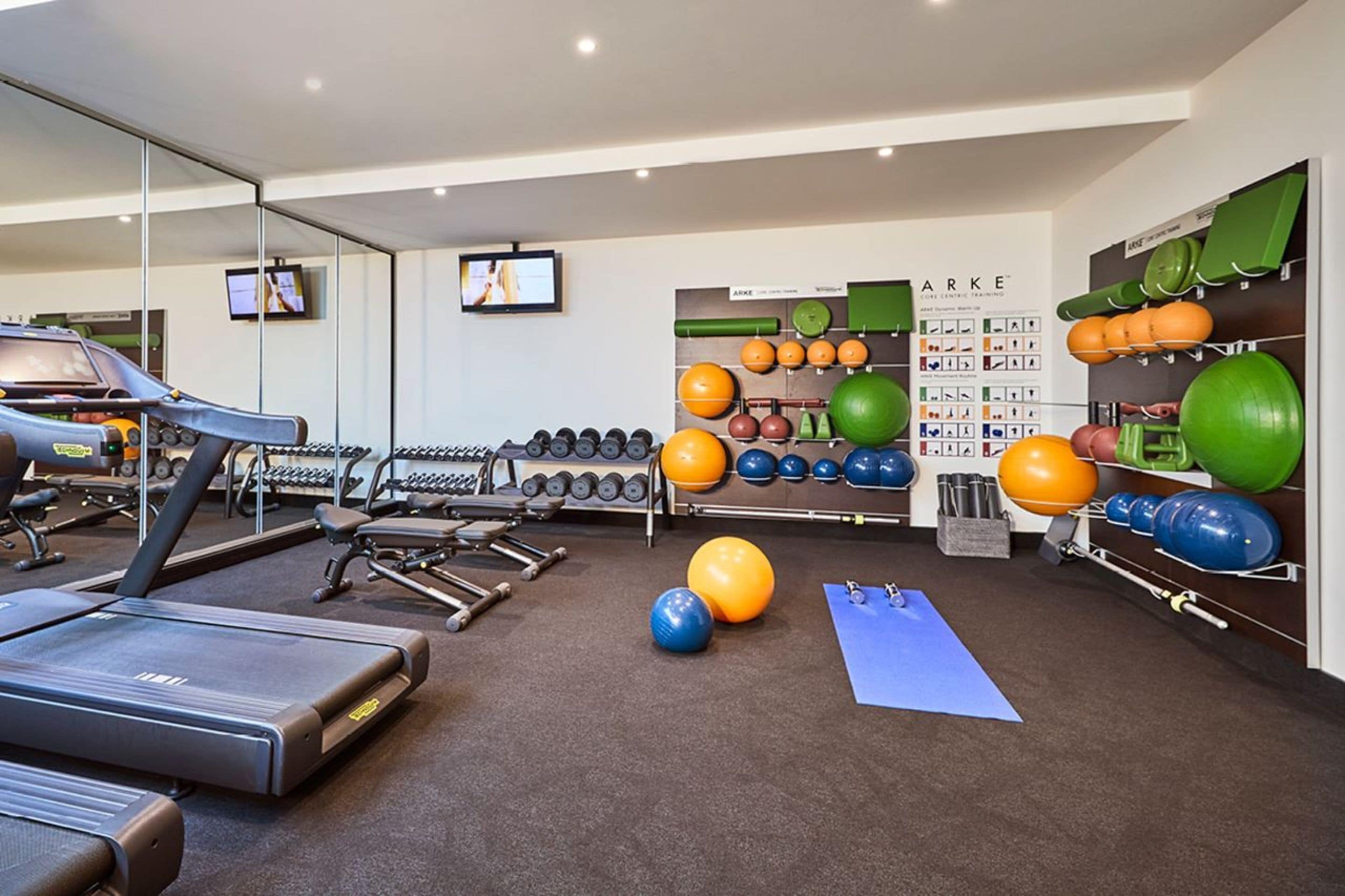 A gym with treadmills, dumbbells, and exercise balls.