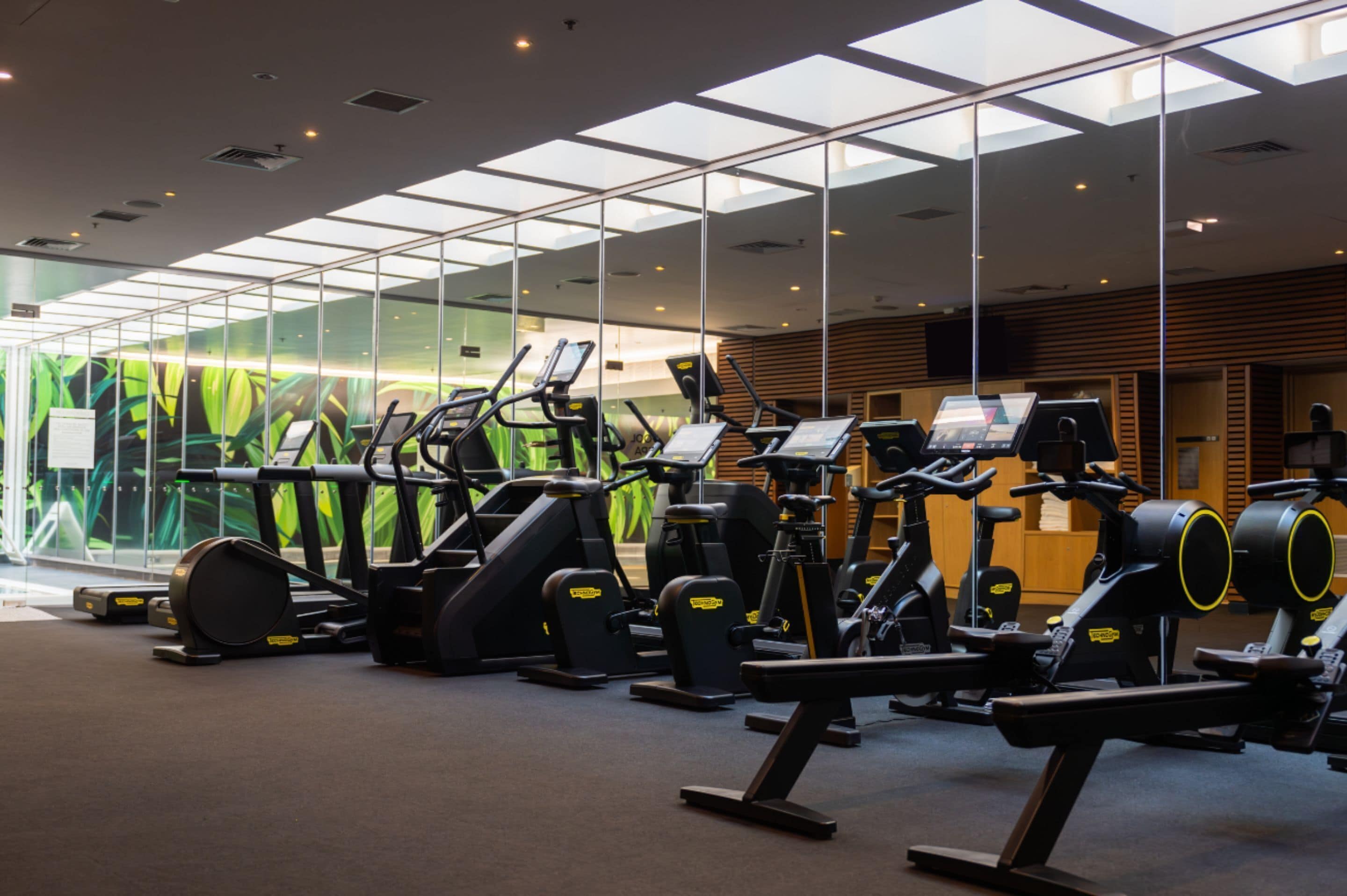 A gym with various exercise machines, a mirrored wall, and a view of greenery through the windows.