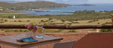 A table with a pitcher of water, a glass, and a menu on a balcony overlooking a coastal landscape with hills and a body of water.