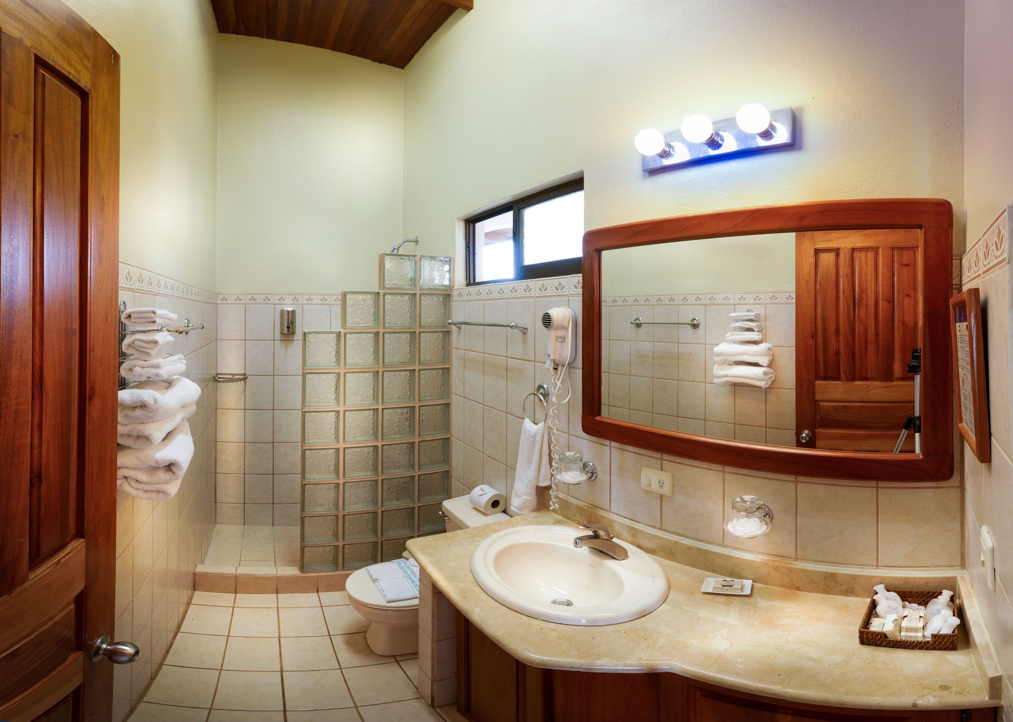 shower, free toiletries, hair dryer, towels