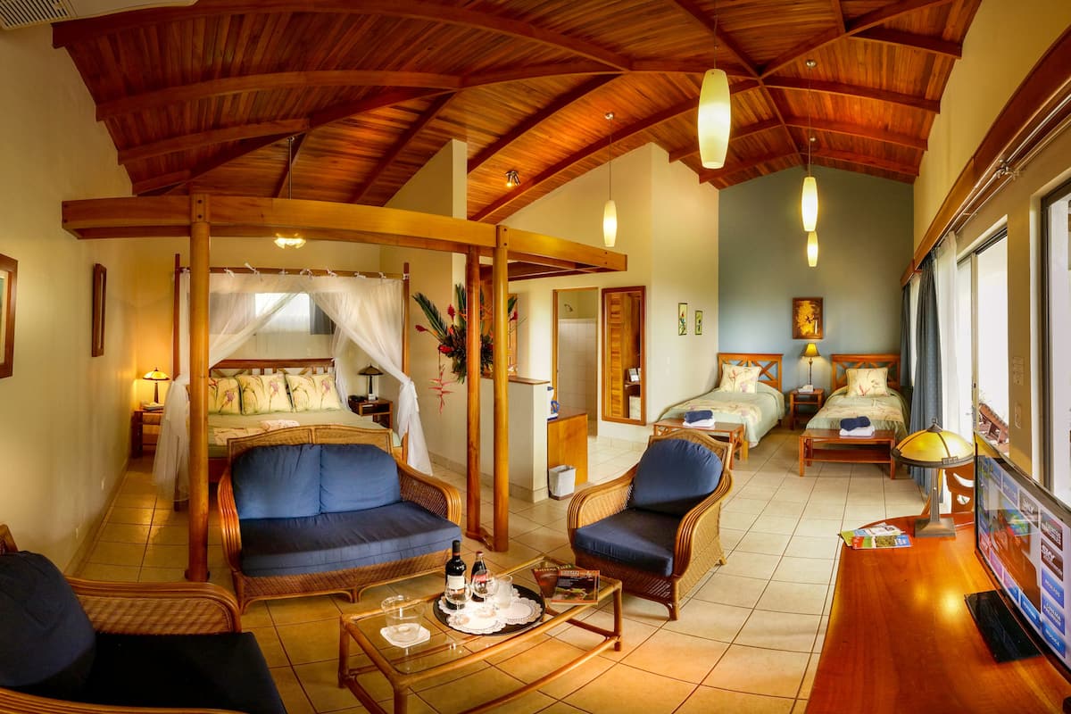 Une pièce spacieuse avec un haut plafond en bois, un lit à baldaquin, deux tables de chevet, un canapé, un fauteuil, une télévision et une fenêtre donnant sur un beau paysage.